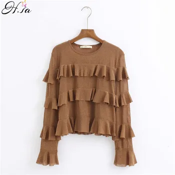 

H.SA Spring Womens 2020 t-shirt Lace O-Neck Long Sleeve Solid Color Ladies Ruffles Casual Shirt Pullover Blouse Tops femme