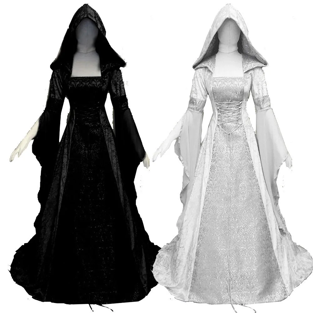 Women's Fashion Long Sleeve Hooded Medieval Dress Floor Length Cosplay Dress 