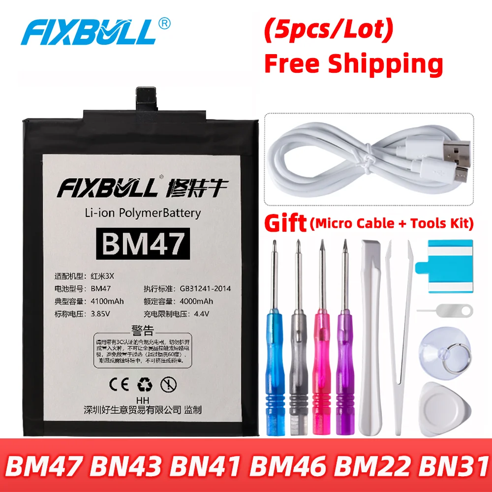 5 шт./лот оптовая продажа аккумулятор FIXBULL BM47 BN43 BN41 BM46 BM22 BN31 для Xiaomi Redmi 3 pro 3S 3X 4X Note 4