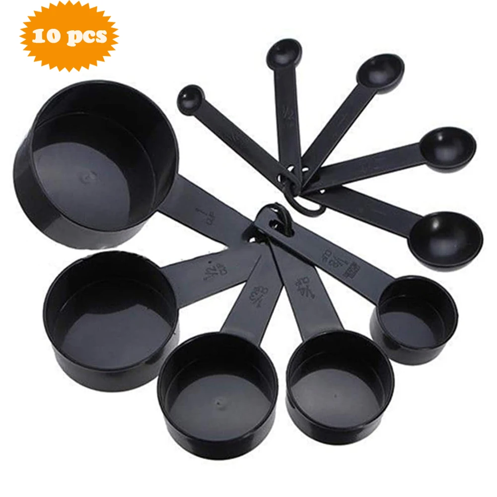 

10 Pcs Measuring Cup and Spoon Set Black Set Plastic Measuring Spoon Cooking Scoop Coffee Baking Cup Multiduty Practical Kitchen