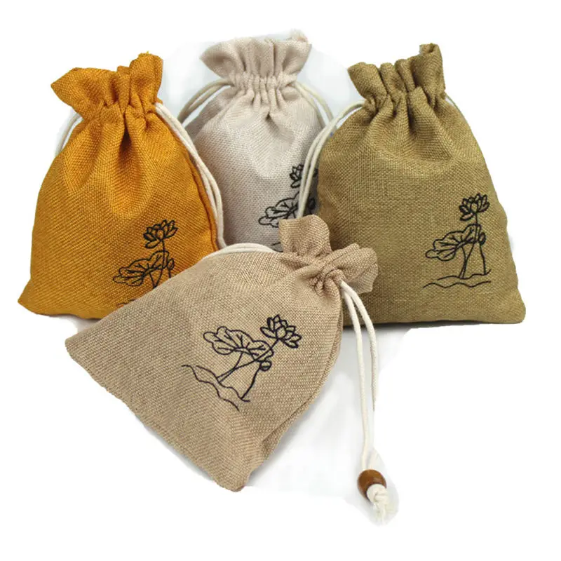 Chinese Style Lotus Linen Jute Fabric Gift Storage Bag Drawstring Pouch Package Jewelry Candy Tea Sundries Bags Travel Organizer 3