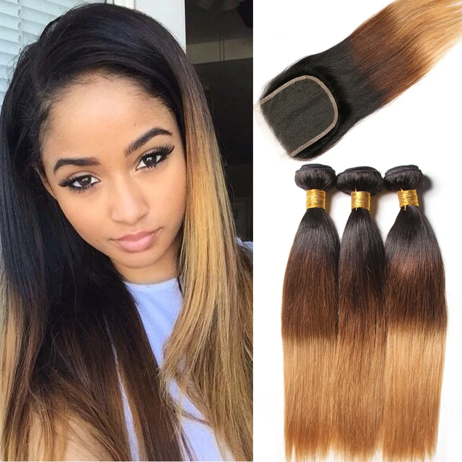 

Honey Blonde Ombre Malaysian Straight Hair Bundles With Closure 1B/4/27 Remy Human Hair 3/4 Bundles With Closure For Black Women