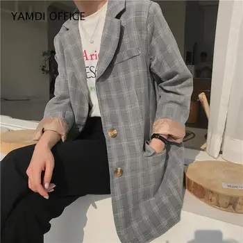 

YAMDI Women suits Autumn winter Vintage Breasted Blazer Notched office ladies Jackets Plaid Female clothes 2019 Bouble Coat