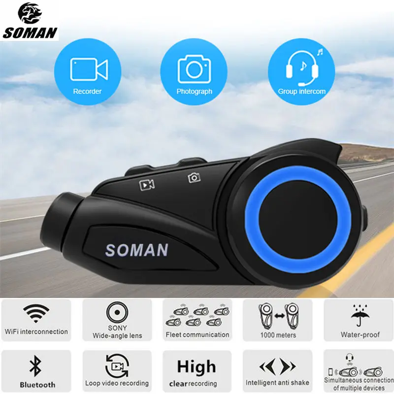 SOMAN Motorcycle Vedio Camera Bluetooth Headset 1080P Wide Angle Lens 1000m Group Intercom Helmet Bluetooth Headset Recorder