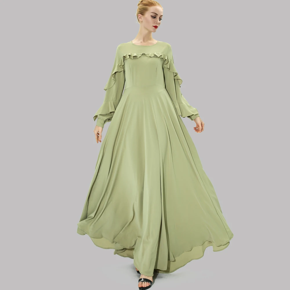 Solid Color Ruffles Maxi Dress Gown Long Sleeve Elegant Women Muslim Dubai Turk Ramadan Eid Party Evening Abaya Modesty | Тематическая