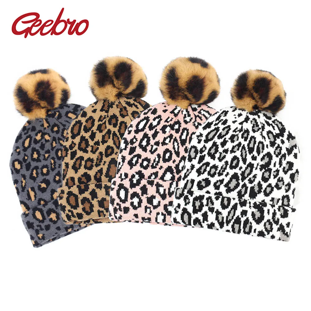 

Geebro Women Leopard Warm Knitted Beanies With Rabbit Fur Pompom Caps Ladies Winter New Casual Elastic Soft Skullies Hats Bonnet