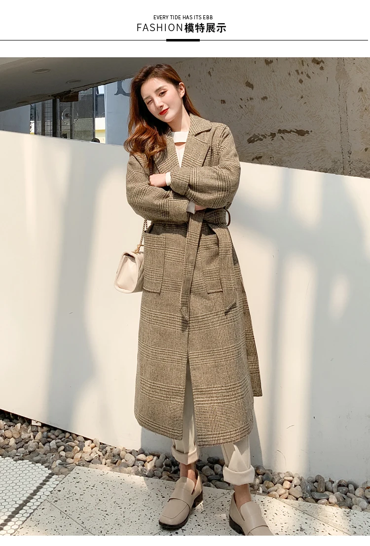 Photo Shoot Fat Mm2019 Autumn And Winter New Style Hepburn Wind Plaid Woolen Long over-the-Knee Retro Belt Woolen Overcoat a