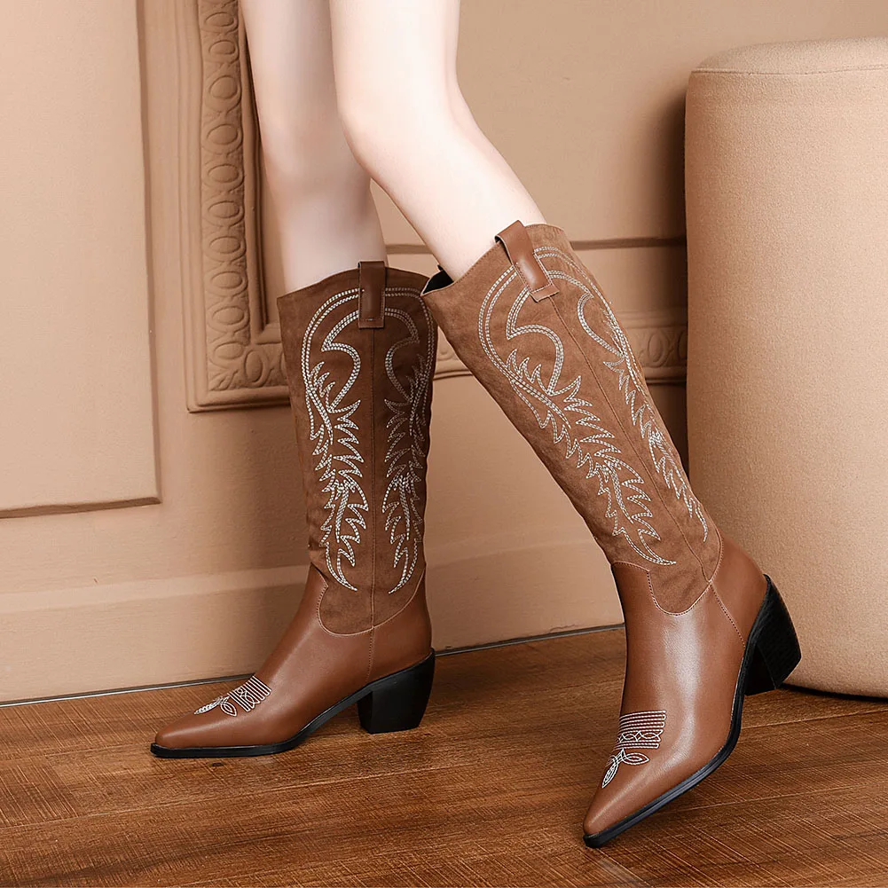 BONJOMARISA New 34-46 Brand Pointed Toe Sewing Cowboy Boots Ladies Trendy mid-calf Western Boots Lady High Heel Shoes Woman