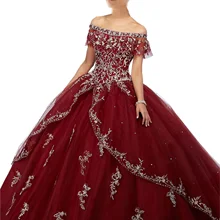 Бордовые платья Quinceanera платье с открытыми плечами, украшенные стразами; Симпатичные туфли с аппликацией, без рукавов, бальное платье для девочек карнавальное платье для официального приема