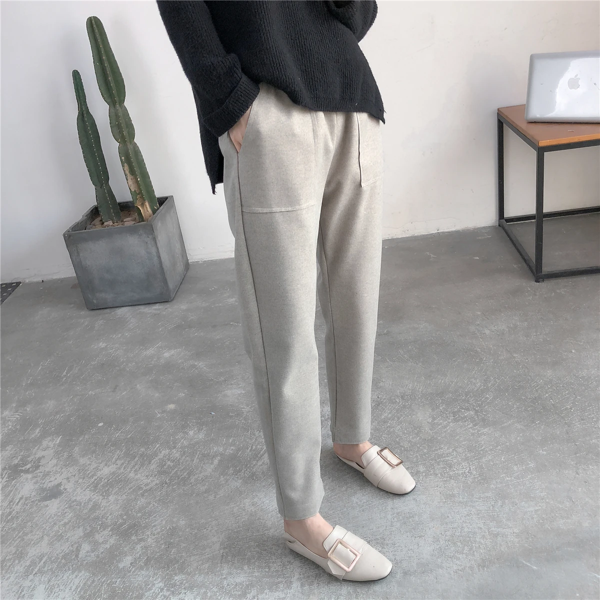 

2019 Autumn New Women Elastic Woolen Pant Female Plus Size Casual Trousers Black/Gray Harem Pants Winter Wool Ankle-Length Pants