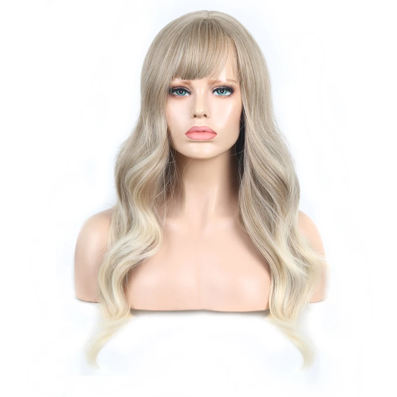 

Charisma Ash Blonde Wig Long Wavy Wigs High Temperature Fiber Hair Glueless Synthetic Wigs with Side Bangs Cosplay Wig