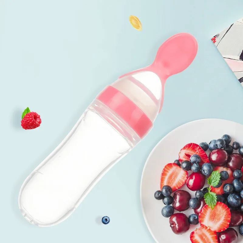 

90ML Lovely Safety Infant Baby Silicone Feeding With Spoon Feeder Food Rice Cereal Bottle For Best Gift Training Rice Spoon