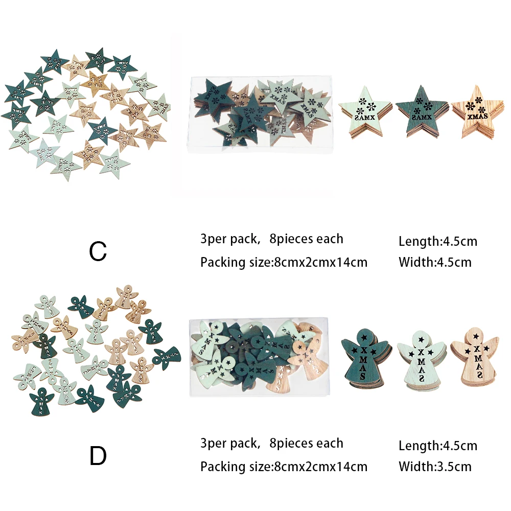 24 шт., рождественские украшения, ангел, лось, снежинка, деревянный чип, рождественская елка, сделай сам, подвесные Подвески, рождественские вечерние украшения для дома