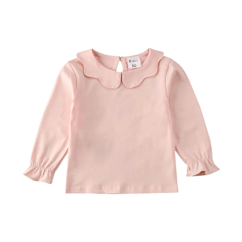Осень, Детская футболка с длинными рукавами для маленьких девочек, теплая однотонная блузка с круглым вырезом и оборками, футболки - Цвет: Розовый