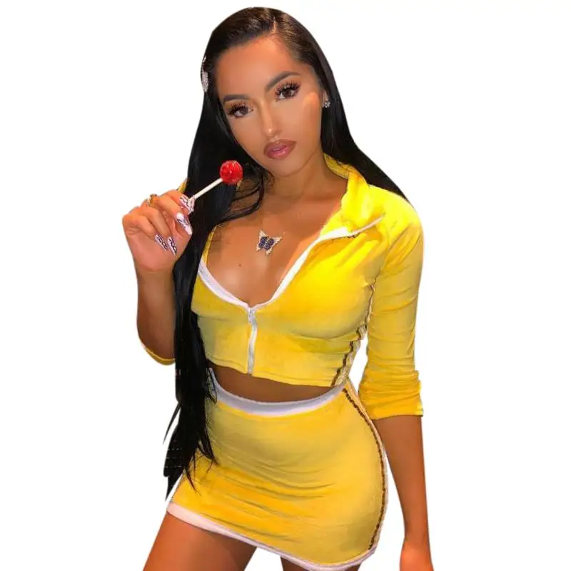 

Woman fashion solid yellow crop top and mini skirt two piece set womens summer 2 piece set
