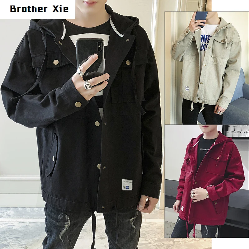 

Hooded Denim Jacket Men's Fashion Washed Solid Color Multi-pocket Tooling Denim Jacket Man Streetwear Hip-hop Bomber Jacket
