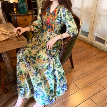 

Thailand Indie Folk Style Embroidery Splice Floral print Bohemian Vintage Women Formal Maxi Dress