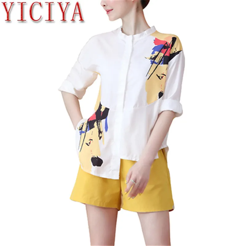 

2020 Summer shorts 2 Piece Sets Outfits Women Printed Shirt Shorts Suits Korean plus size white Two Piece Set matching clothing
