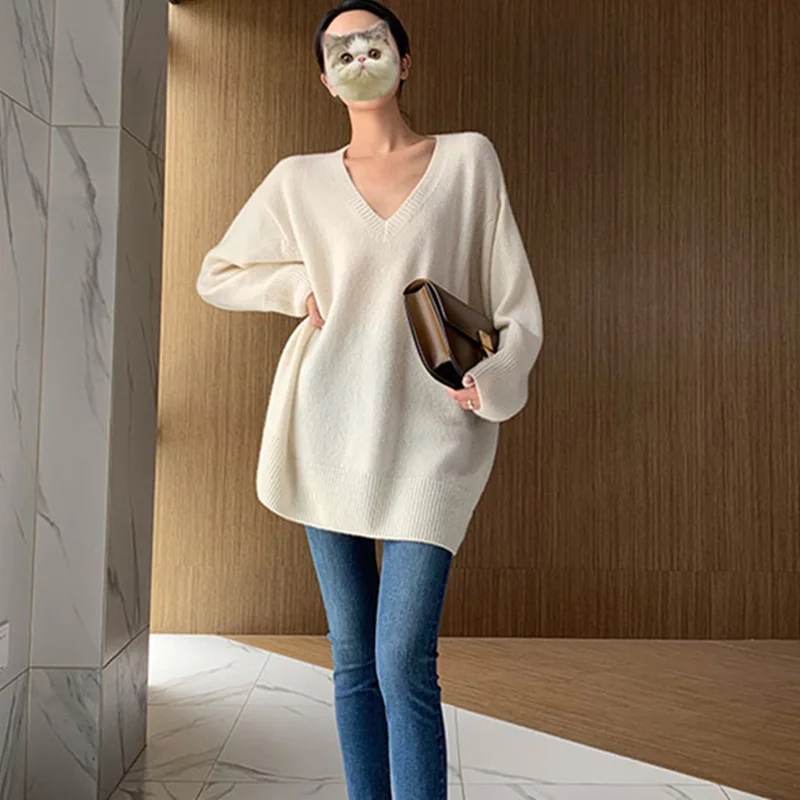 Sexy Big V-Neck 100%Wool Sweater Women And Pullover Long Sleeve Loose Female Pullovers Knitted Jumpers Pull Femme | Женская одежда