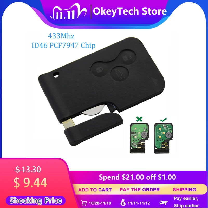 

OkeyTech 3 Button 433Mhz ID46 PCF7947 Chip with Emergency Insert Blade Smart Remote Key For Renault Megane Scenic 2003-2008 Card
