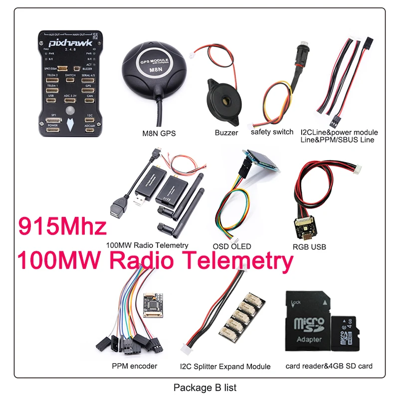 915Mhz PackageB Контроллер полета Pixhawk PX4 PIX 2.4.8 32 бит игровые Джойстики+ M8N gps+ 3DR 100/500 МВт радиотелеметрия 433 МГц/915 МГц+ цветная(RGB)+ серверный компьютером с экранным меню на органических светодиодах - Цвет: 915Mhz PackageB
