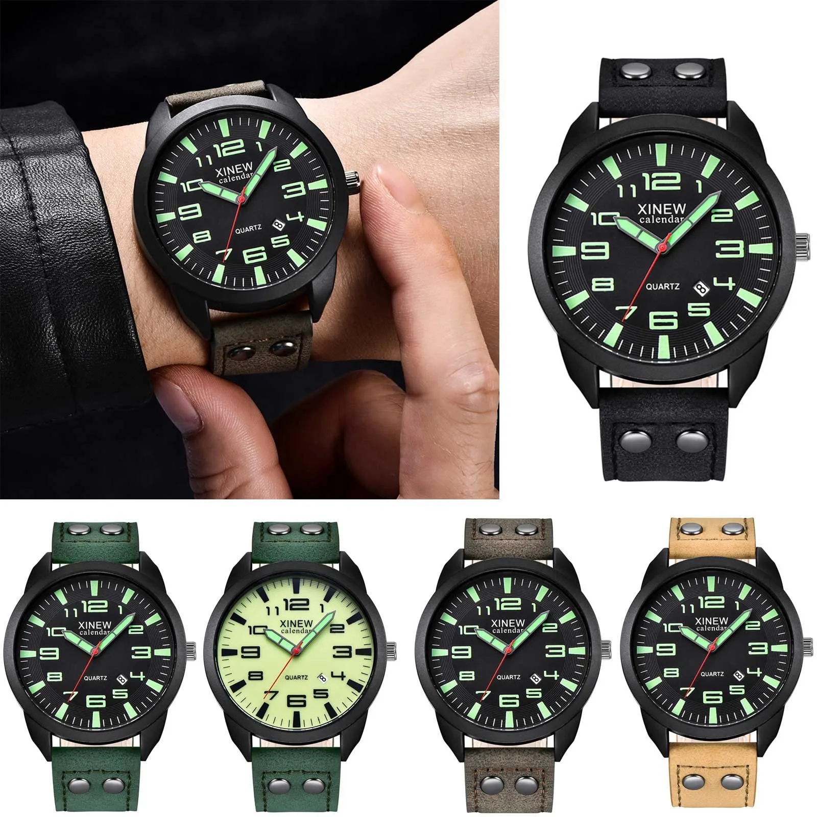 The Mens' Watches Leather Strap Simple Calendar Luminous Dial Outdoor Men's Quartz Watch Male Clock relogio masculino | Наручные