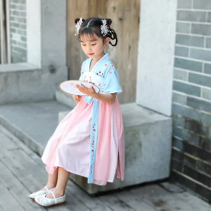 Blue Short Sleeve В китайском стиле; красивая детская юбка Hanfu; Длинные костюмы для девочек; Верхняя одежда; детская одежда для сцены - Цвет: Blue Short Sleeve