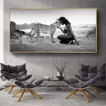 

Human and Nature Posters and Prints Snow Leopard and Nude Women Canvas Paintings Wall Art Cuadros Pictures for Living Room Decor