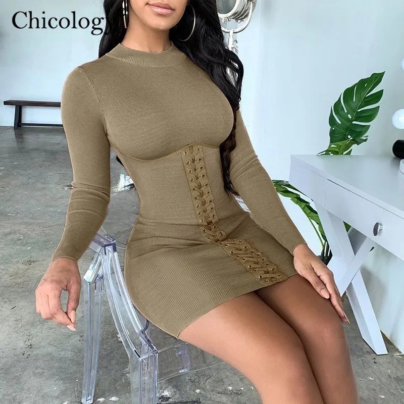 Chicology женское Бандажное длинным рукавом Лонгслив мини платье сексуальные