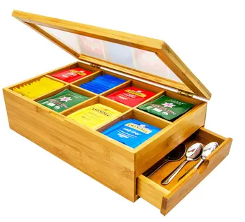 

Bamboo tea box, wooden tea cabinet, 8 partitions and drawers for storing tea bags and others