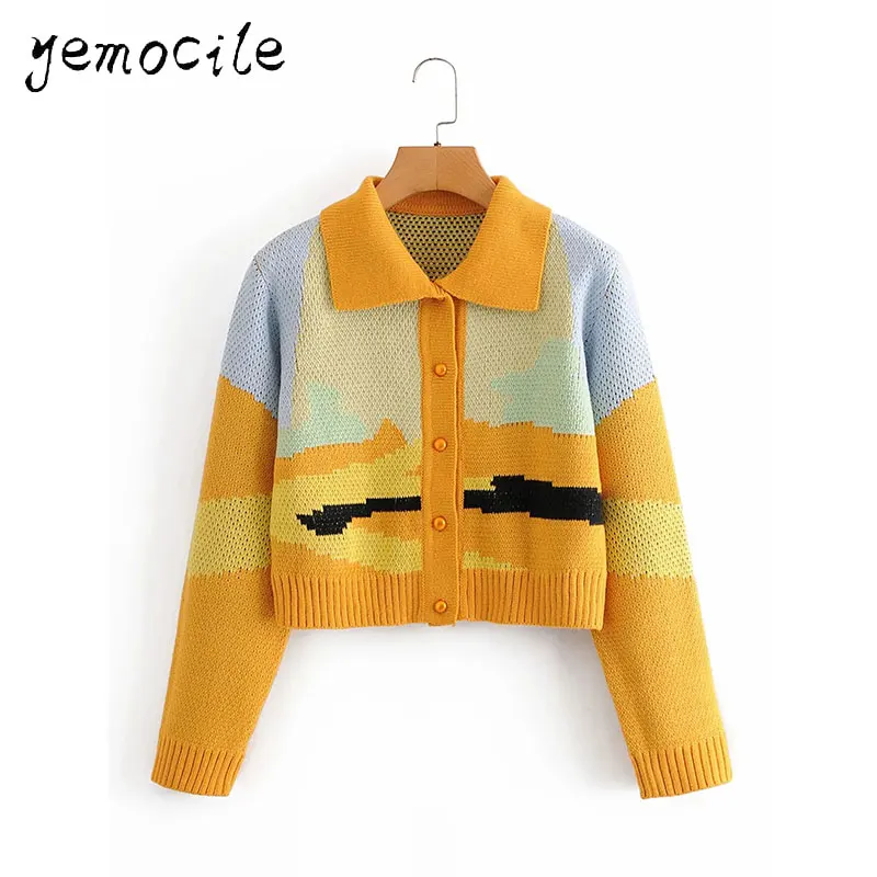 Women's Sweaters Retro Oil Painting Jacquard Knitted Cardigan European and American Style Vintage Autumn Short Sweater |
