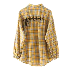 Весенняя и Осенняя клетчатая рубашка женская с длинным рукавом Корейская свободная Harajuku рубашка с рукавом-фонариком пальто женские топы и