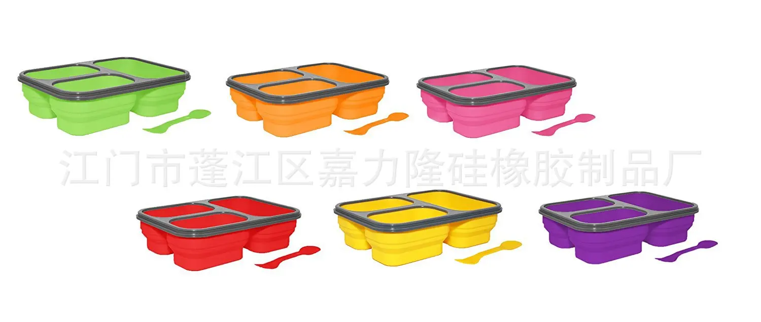 Three Grid Silicone Folding Lunch Box through FDA Lfgb Standard Test Guangdong Manufacturers Portable Lunch Box