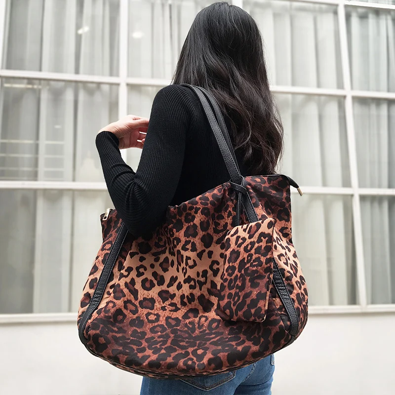 Bolsa de Ombro Compras com Bolso Mabula Moda Feminina Leopardo Grande Capacidade Trabalho Tote Bolsa Algodão Hangbag Viagem Pequeno