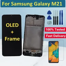 Oled lcd para samsung galaxy m21 display lcd tela de toque digitador do painel com moldura para samsung m21 m215 lcd substituição