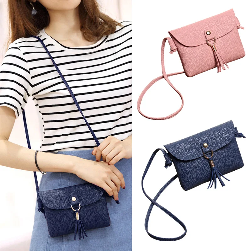 

New Style Litchi Pattern Shoulder Bag with Elegant Tassels Casual Wild Messenger Bag Mobile Wallet Ladies