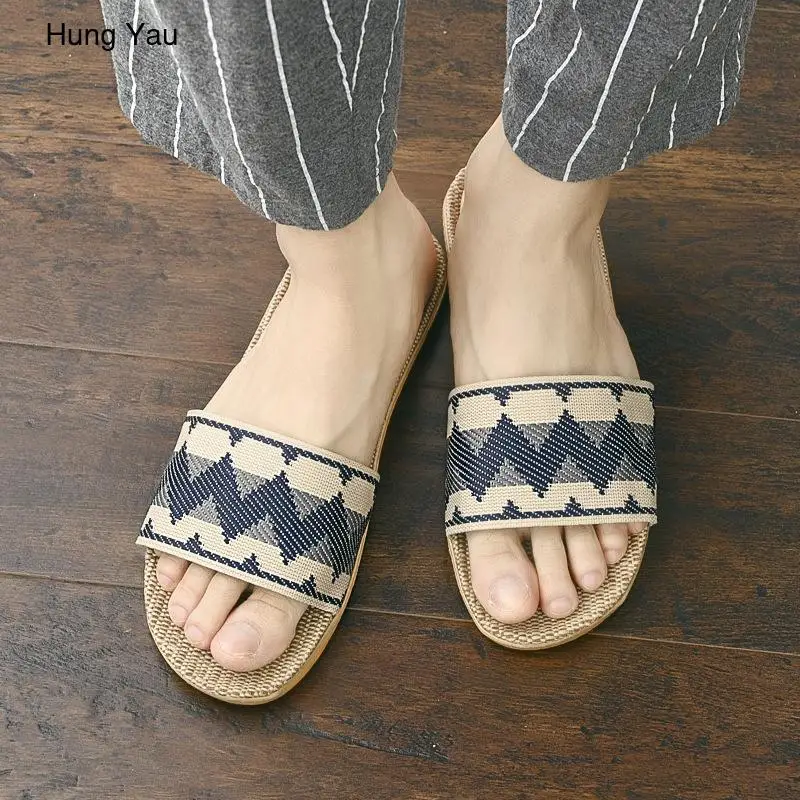 Мужские летние шлепанцы на плоской подошве дышащие льняные повседневные