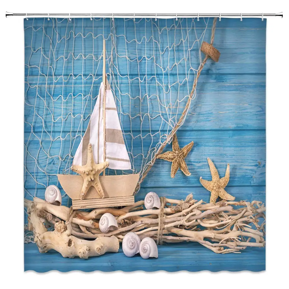 

Nautical Decor Shower Curtain Shell Starfish Wooden Board Beach Retro Turquoise Ocean Bathroom Decoration Curtains Polyester