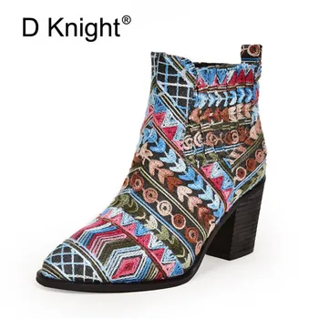 

2020 Women Shoes Ankle Boots Mixed Colors Chunky High Heels Fashion Women Party Shoes Vintage Wool Embroidery Ladies Shoes Boots