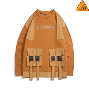 

Harajuku Pullover Sweatshirt Men Hip Hop Streetwear Chinese Kanji Print Multi Pockets Hoodie Pullover Cotton Hiphop Loose