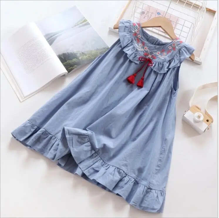 Весенне-летнее джинсовое платье для девочек, хлопковое детское вышитое платье с цветами, милое платье принцессы