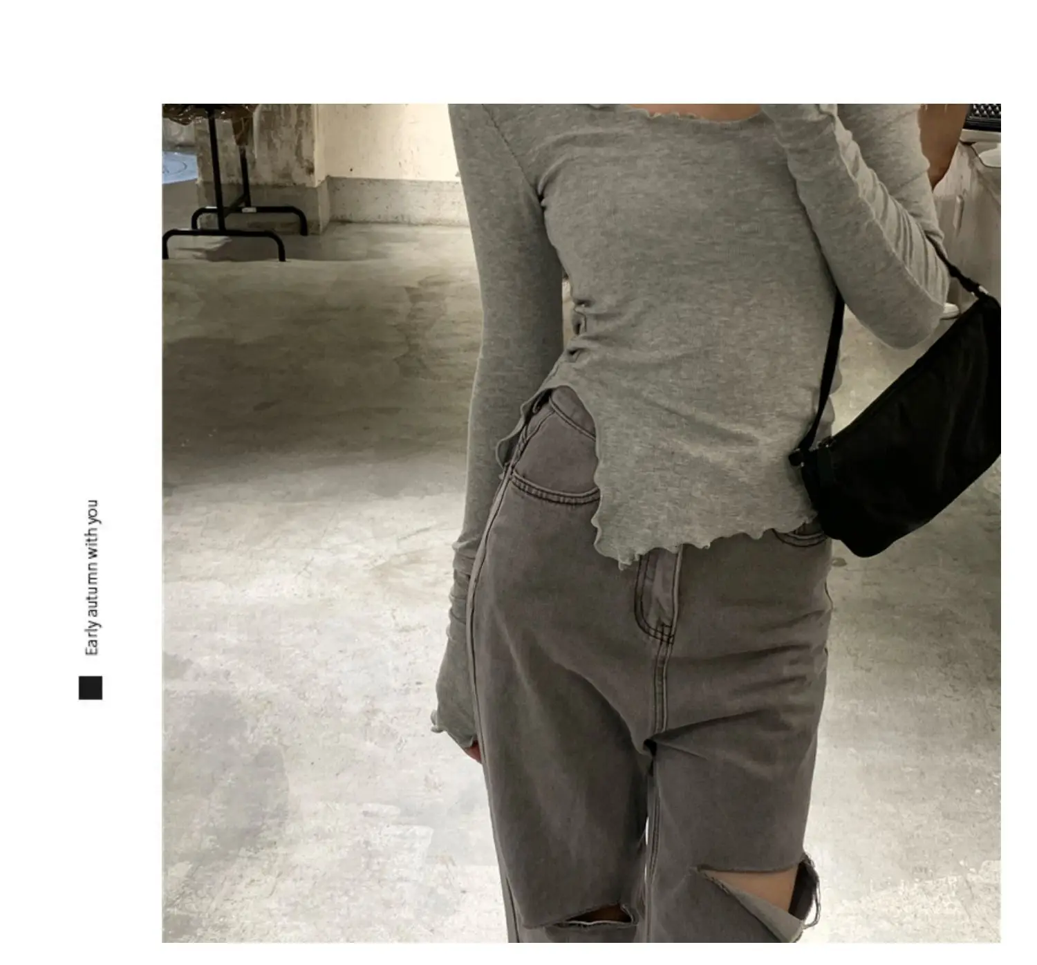 Long Sleeve T-shirts Women Fungus Line Irregular Hem Knitted Slender Autumn Bottoming Tees Chic Fashion Sexy Solid Ulzzang New