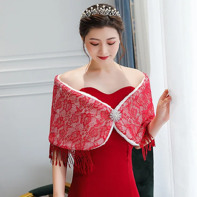 wine red Новая кружевная накидка из искусственного меха, теплая большая шаль, зимняя Свадебная накидка, свадебные аксессуары, модные женские Меховые болеро, куртка ручной работы - Цвет: wine red