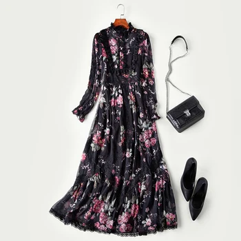 

New Women s Dresses European Show Long sleeved Lacquer Ear edged High waist Big Dress Flower Dress