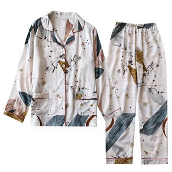 

2020 New Fashion Autumn Long Sleeve Print V Neck Button Womens Pajama Set Tops Loose Long Trousers Cotton Tracksuit Home Clothes