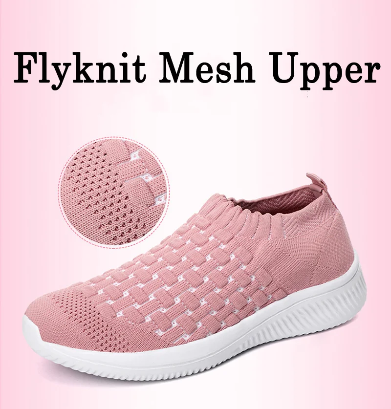 Женская прогулочная обувь Flyknit; дышащая сетка; мягкий светильник; женские кроссовки без шнуровки; нескользящая Спортивная повседневная обувь для улицы; Новинка