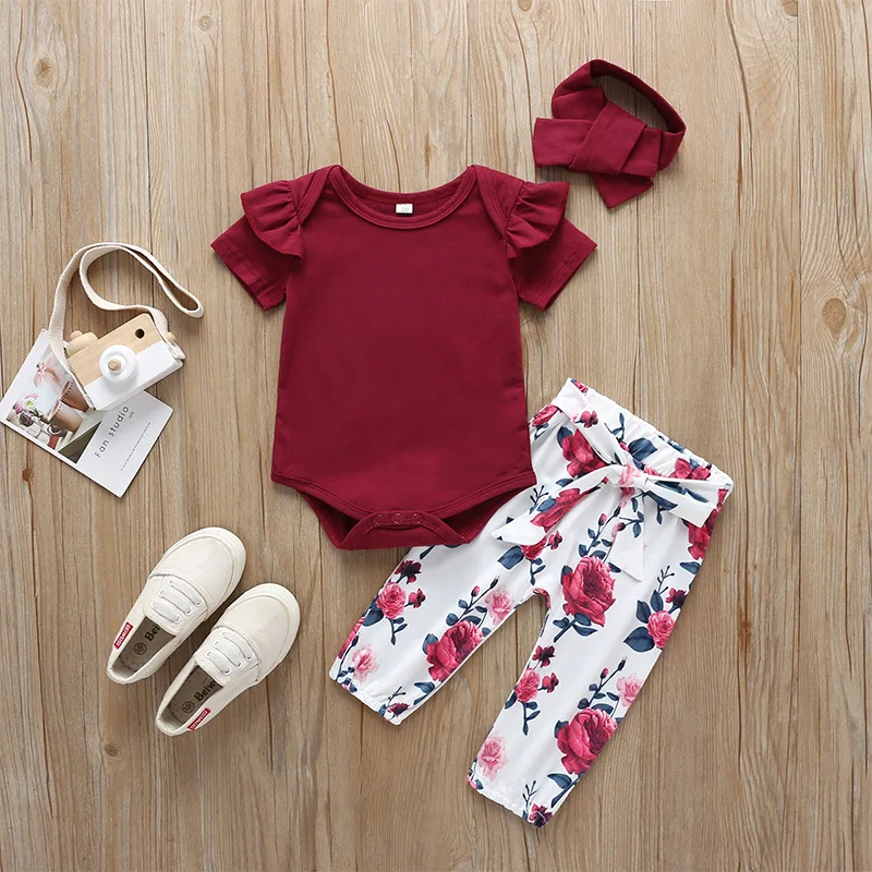 thumbnail image 1 of Newborn Baby Girl Clothes 0-24M 2024 Summer Fall Fly Sleeves Tops+Floral Pants+Headband 3PCS Sets Infant Baby Girl Outfit, 1 of 4