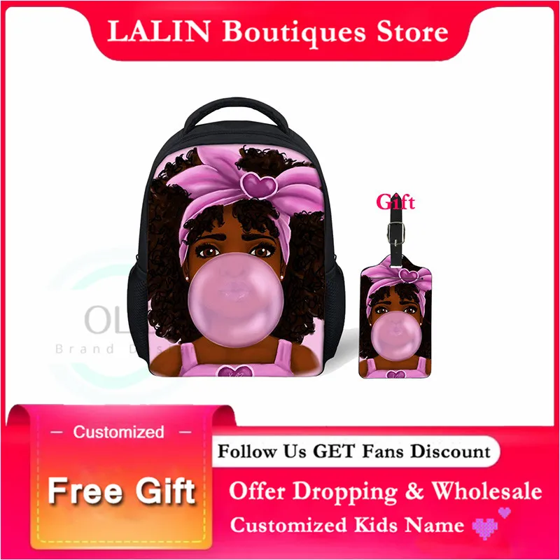 

LALIN American African Girls Print Middle School Backpack for Kids Magic Ortopedic Book Bag Cute Customized Children Backbag