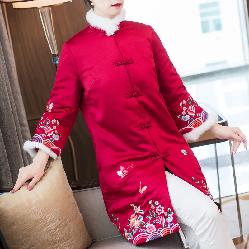Зимние теплые женские Стеганые Длинные стеганые куртки в китайском стиле