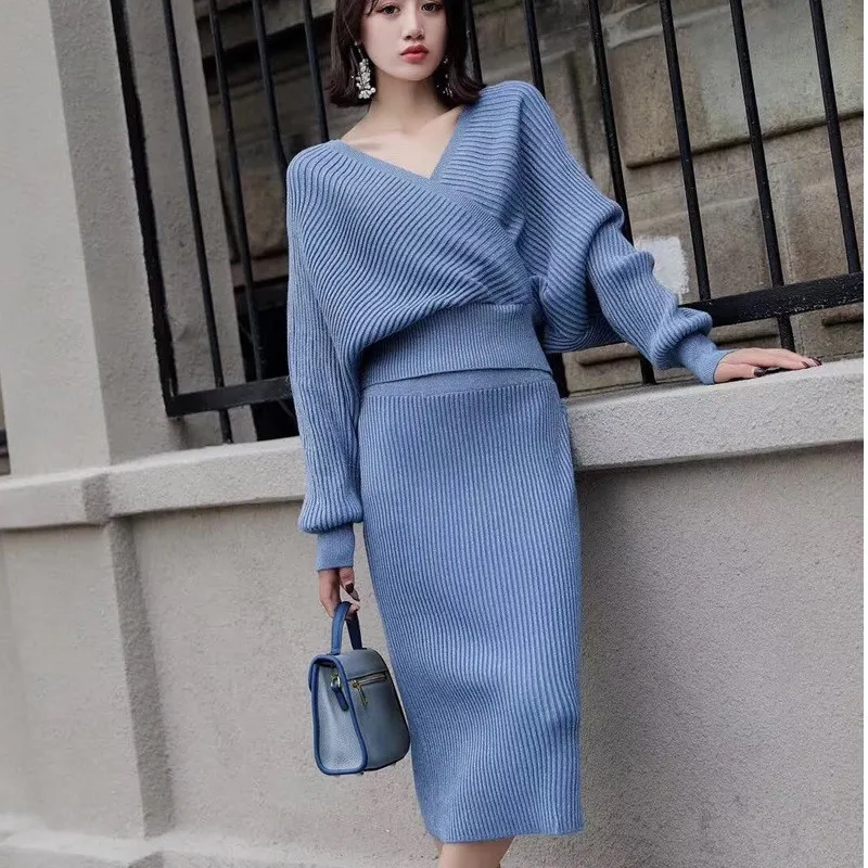 

winter warm Knitted 2 Piece Set for Women Lantern Sleeve V Neck Sweater Elastic Waist Knit Skirt Female Sweater Suit plus size